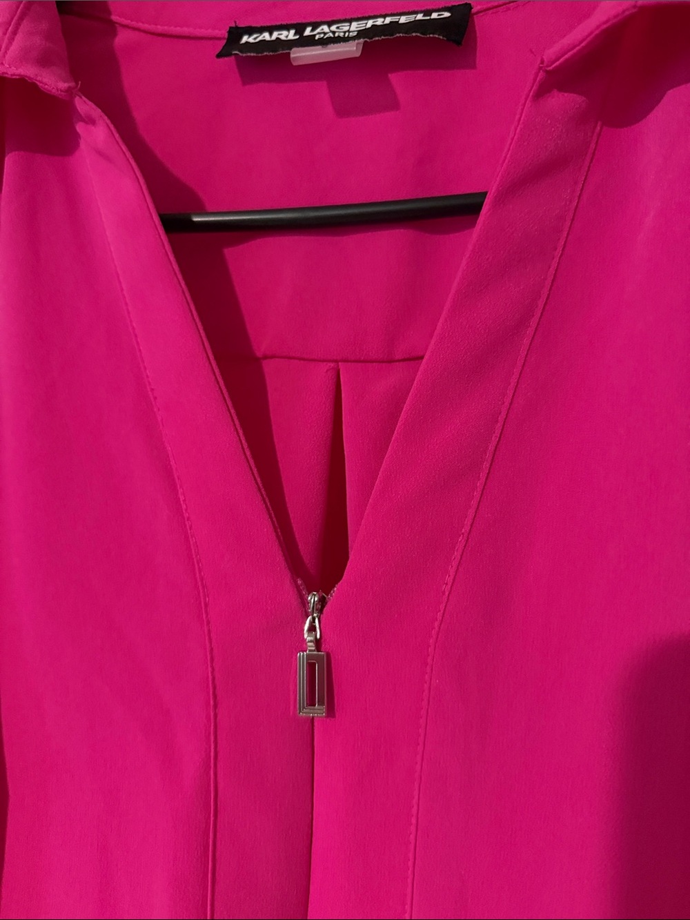 Karl Lagerfeld Paris Crepe Zip-Front 3/4-Sleeve Dress - Bright Fuchsia - Picture 4 of 11